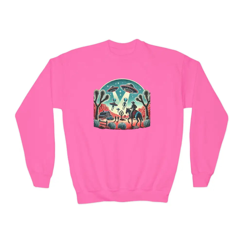 Youth Crewneck Sweatshirt - Retro Alien Abduction Design - Safety Pink / XS - Kids clothes