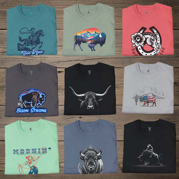 Grid of nine Double R Western graphic t-shirts featuring buffalo designs and cowboy motifs on a rustic wood background, showcasing authentic Western heritage apparel.