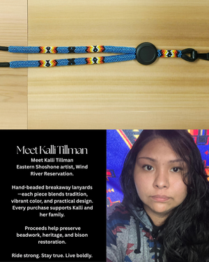 Portrait of Eastern Shoshone beadwork artist Kalli Tillman from the Wind River Reservation, showcasing her dedication to traditional beadwork and family support.