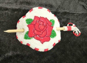 Eastern Shoshone beaded red rose stick barrette with fringe on black background