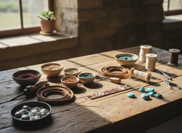 Native American beadwork supplies on a rustic worktable for authentic Native American jewelry and Native American beaded earrings collection.