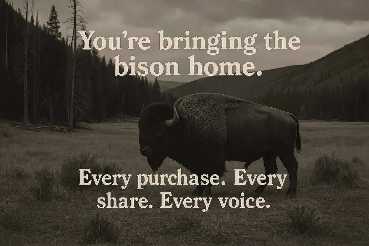 Neon sign graphic with Double R Western logo, “Buy Two Tees, Get One Free” sale, glowing bison silhouette, western grasses, and “Help Bison Roam Free” message.