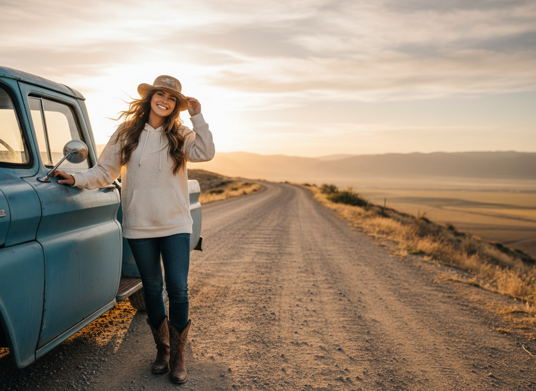 Cowgirl in a western hoodie and distressed dad hat beside a pickup truck on a mountain ridge at sunrise.