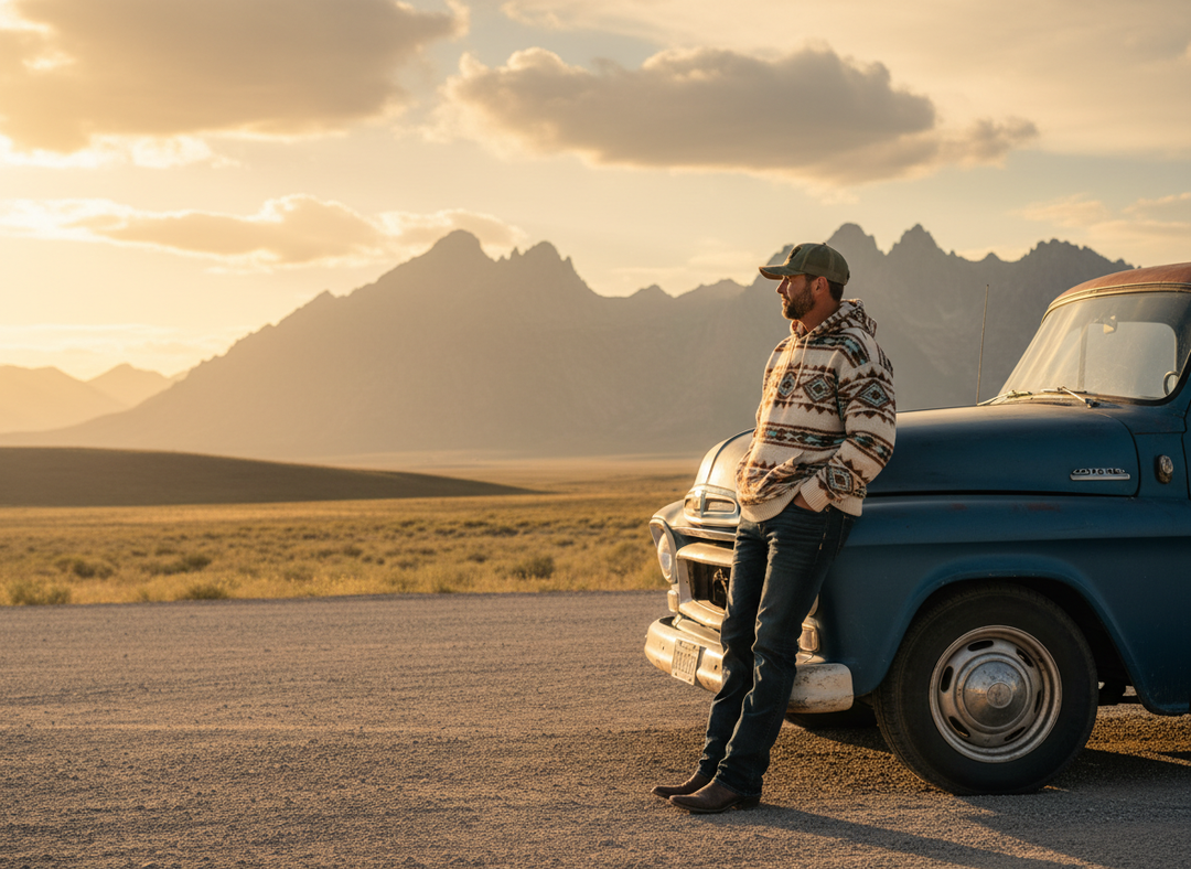 Cowboy in a western hoodie and distressed dad hat leaning on a pickup truck on an open road at golden hour.