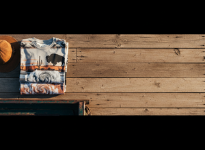 Stack of folded western graphic t-shirts on weathered wood in warm light, with a distressed dad hat partially in frame.
