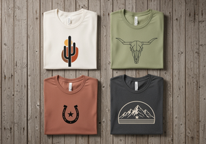Four western graphic t-shirts folded on a rustic wood background
