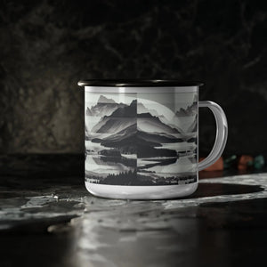 Enamel camp mug featuring a layered landscape design in a cozy home setting