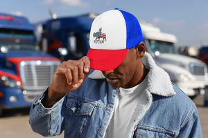 Man wearing buffalo buckaroo western trucker hat at truck stop