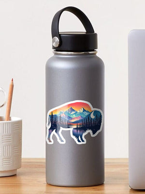 Buffalo sticker on a stainless steel water bottle, Double R Western™ Western heritage design.