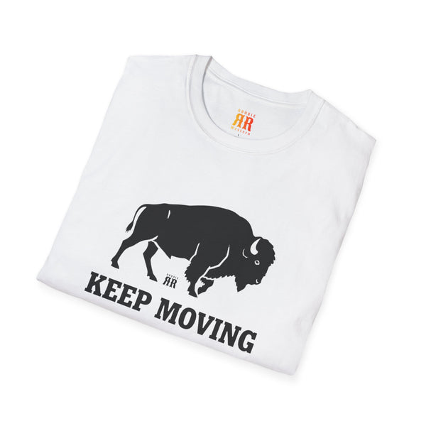 White bison graphic western T-shirt with KEEP MOVING text