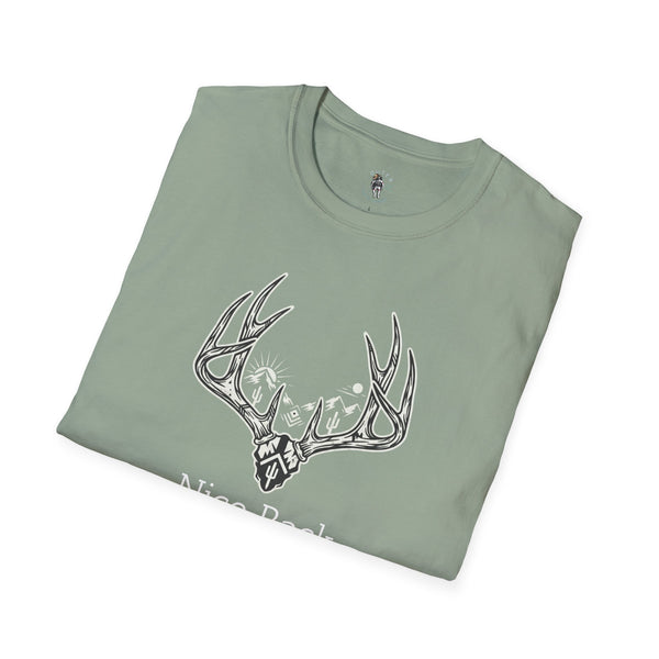 Light sage cotton T-shirt with large antler cowboy graphic on the front