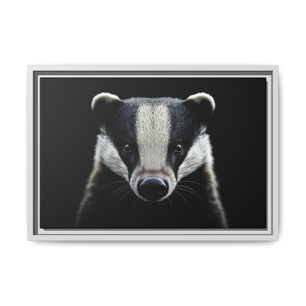 Framed canvas wall art featuring a badger face, silver frame.