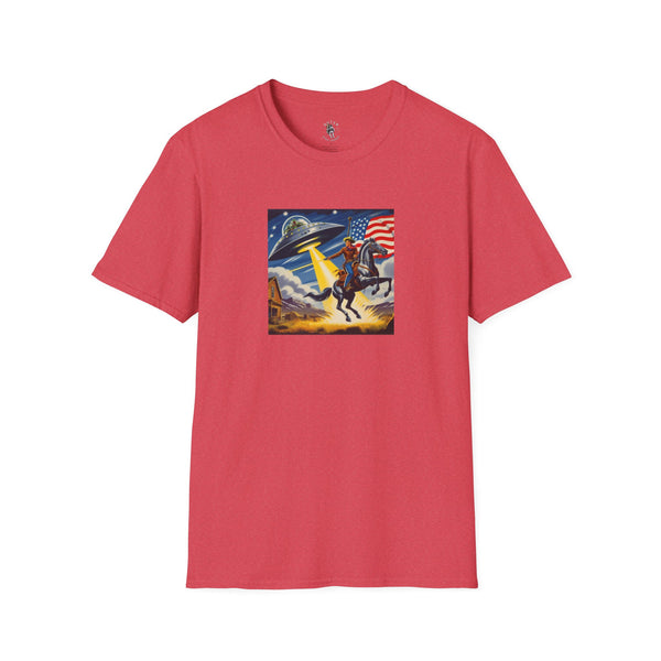 Red T-shirt with cosmic cowboy graphic on the chest