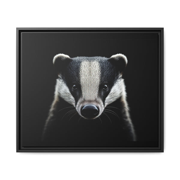 Framed canvas wall art featuring a badger face, dark frame.