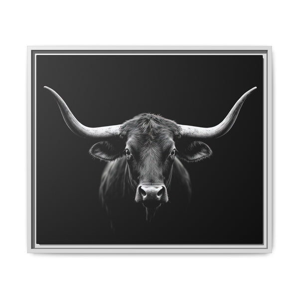 Framed western canvas art featuring a monochrome bucking bull head on black, white-silver frame