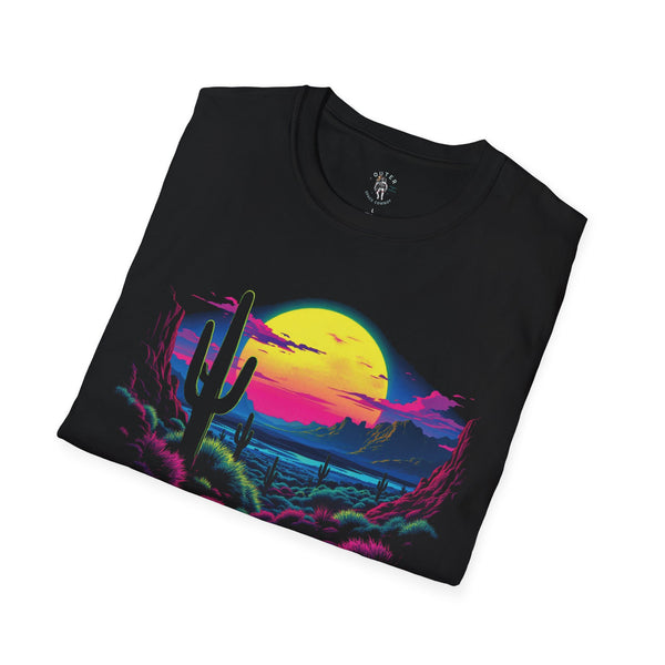Black T-shirt with neon cactus, desert sky, and glowing full-moon graphic