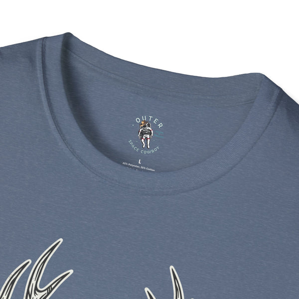 Heather blue cotton T-shirt with small chest space cowboy logo at neckline