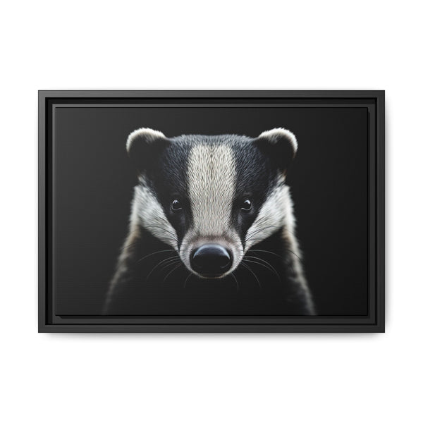 Framed canvas wall art featuring a badger face, black frame.