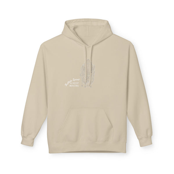 Sand hoodie with front chest graphic and “Keep Moving” text, pullover hood