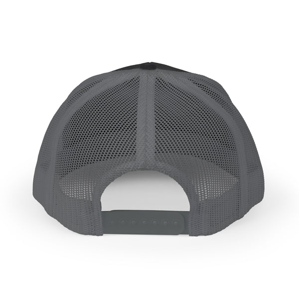 Gray mesh trucker hat with curved brim and dark adjustable strap