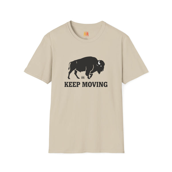 Light sand crew-neck Western t-shirt with black bison and “KEEP MOVING” graphic