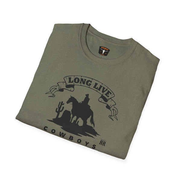 Olive green graphic T-shirt with cowboy on horse silhouette and Long Live Cowboy slogan