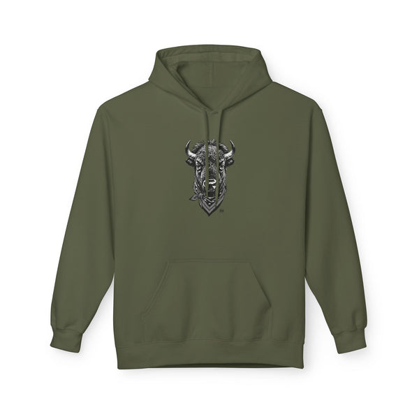 Military green pullover hoodie with front bison graphic, kangaroo pocket, and drawstring hood
