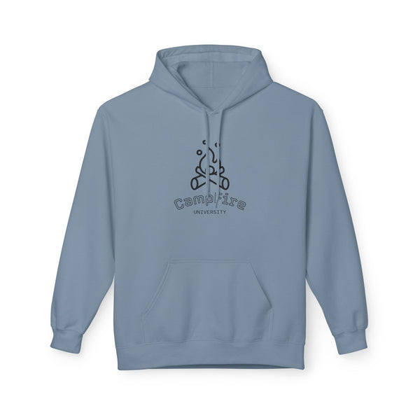 Light blue hoodie with front Campfire University logo and kangaroo pocket