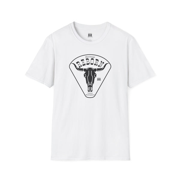 White crew-neck T-shirt with front bull graphic inside a triangle logo
