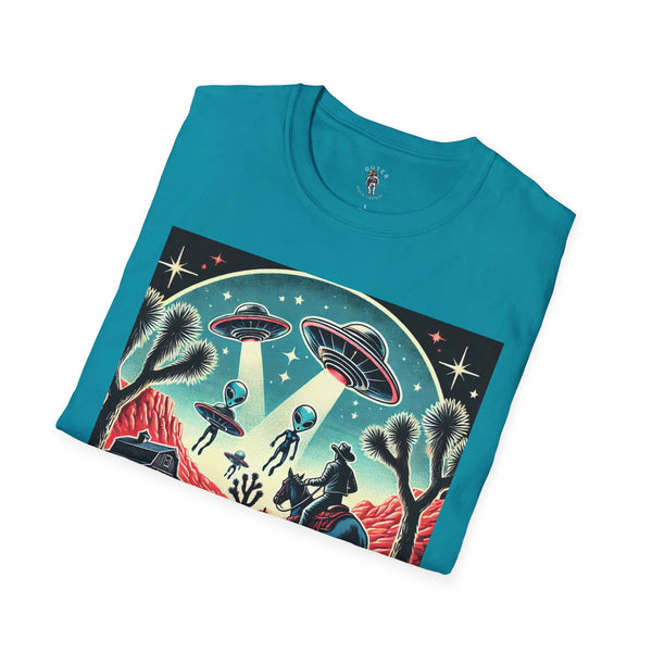 Teal graphic western t-shirt with UFO, aliens, and cowboy figures