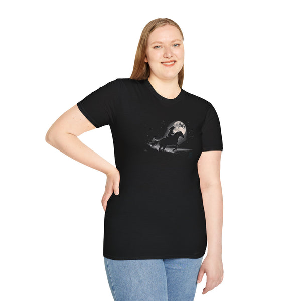 Women's black crewneck tee with moon and cowboy graphic on chest
