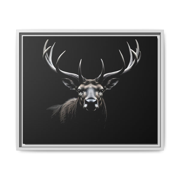 Framed elk head western canvas wall art with long antlers, silver frame, dark background.