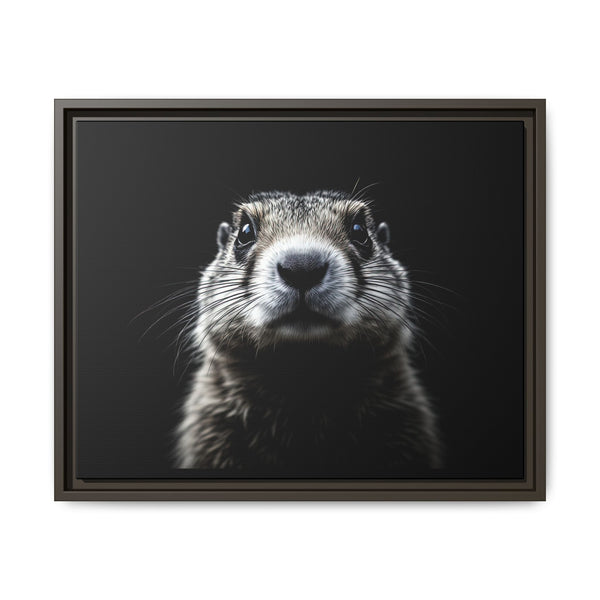 Framed western canvas art of a black-and-white prairie dog portrait, dark frame