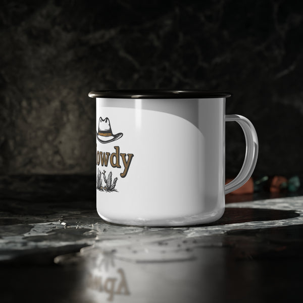 Enamel camp mug with black rim, handle, and cowboy hat graphic on white