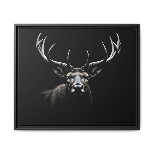 Framed western canvas art with monochrome elk head and antlers, black frame