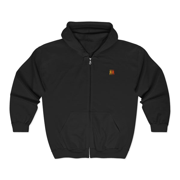 Black unisex full-zip hoodie with small RR logo on left chest