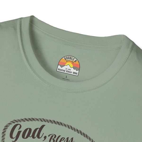 Sage green T-shirt neckline with small brand patch logo