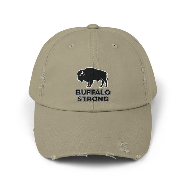Light olive distressed dad hat with buffalo graphic and 'BUFFALO STRONG' print