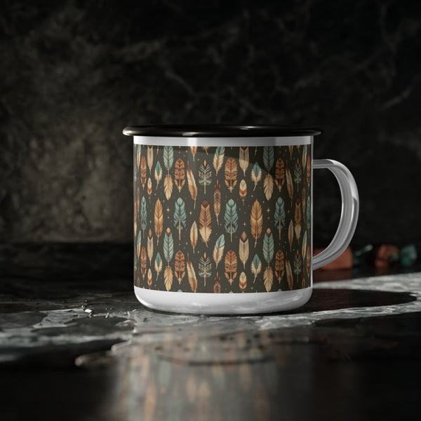 Enamel camp mug with feather pattern, black rim, white handle in close view