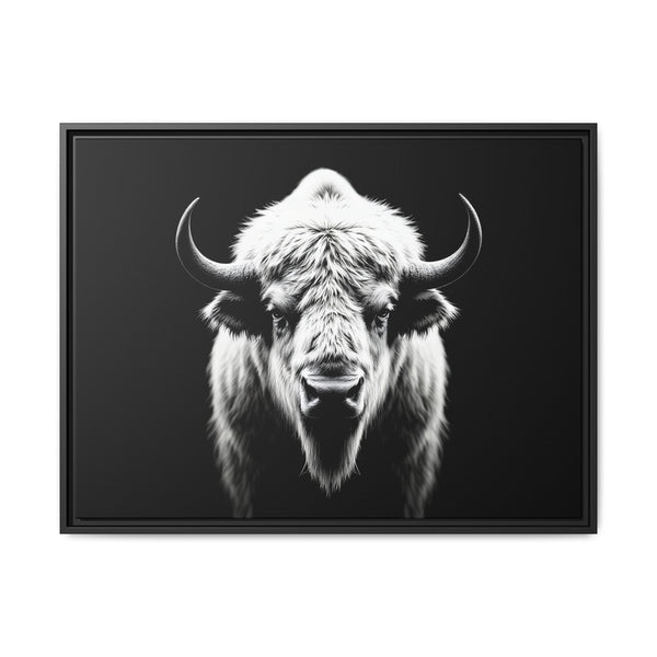 Framed bison art print with white-and-black bull portrait, black frame