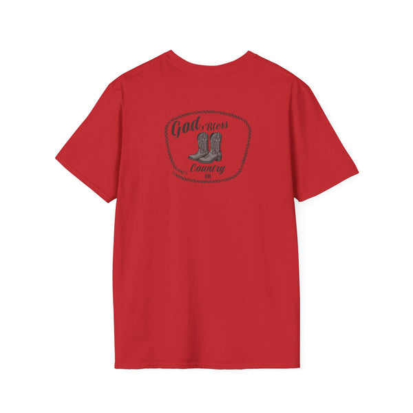 Red heavy cotton T-shirt with “God Bless Country” circular chest graphic