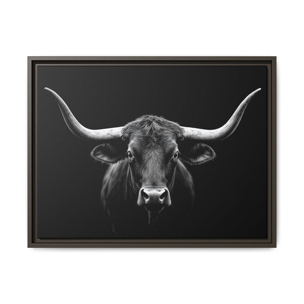 Framed western canvas art of a grayscale bull head with long horns, dark brown frame