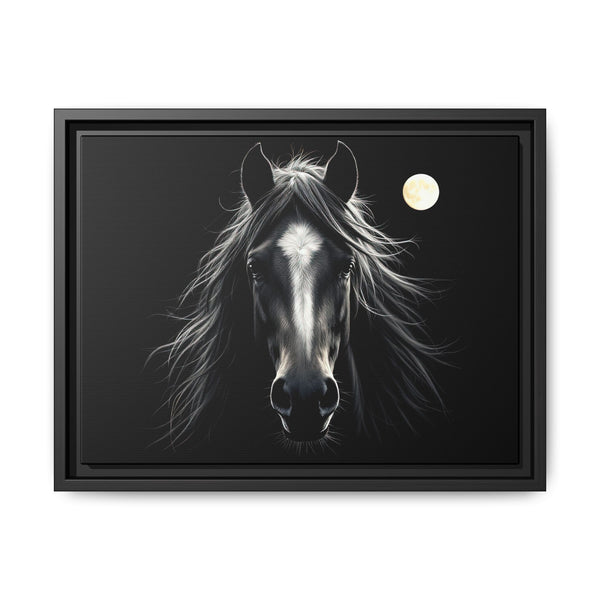 Black framed canvas art: centered horse portrait with flowing mane and moon