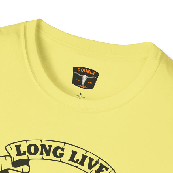 Cornsilk yellow crew-neck T-shirt with Double Western neck label and partial cowboy graphic