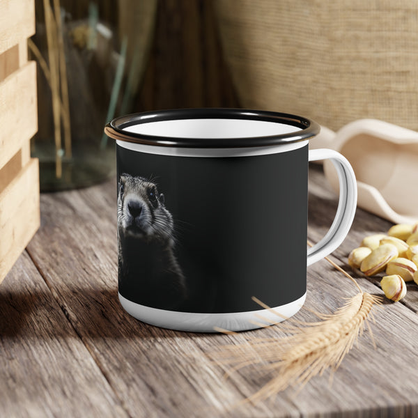 Black enamel camp mug with white base, black lid, and prairie dog graphic on front