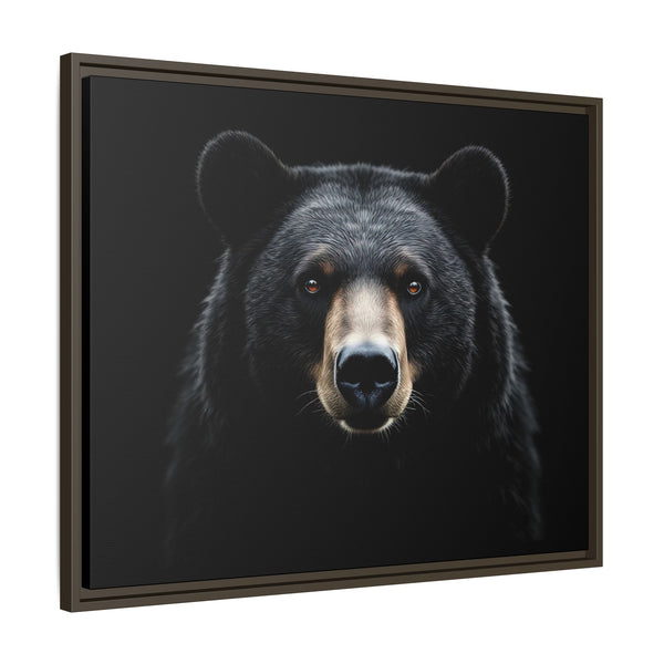 Framed canvas bear wall art with a dark bear face portrait in a black frame