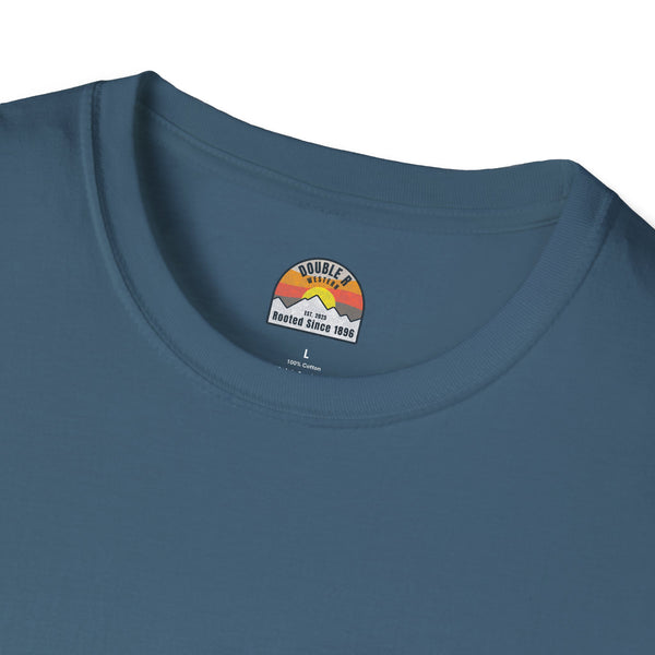 Blue T-shirt neckline and chest logo patch with Double R 1896 graphic