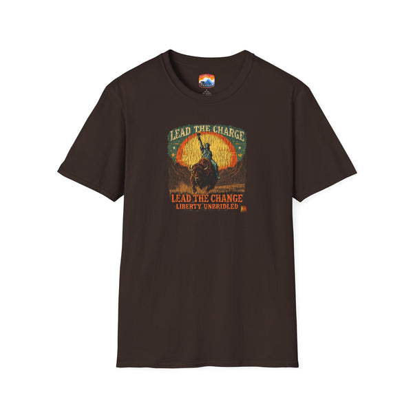 Dark brown crew-neck T-shirt with buffalo graphic and vintage-style lettering
