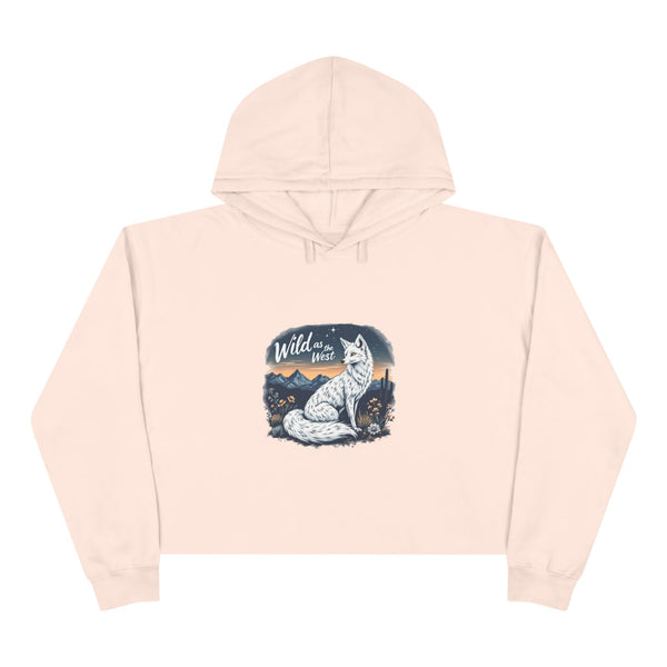 Pale pink women's cropped hooded sweatshirt with front graphic and long sleeves