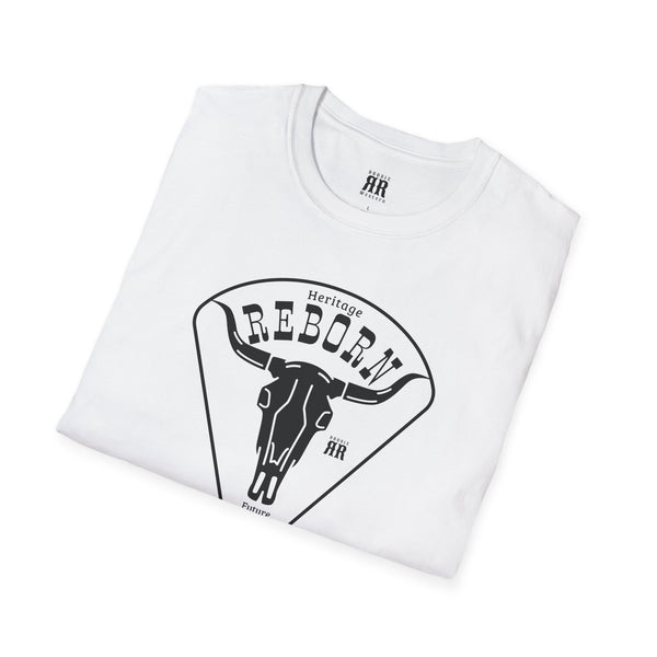 White crewneck T-shirt with large front “HERITAGE REBORN” graphic